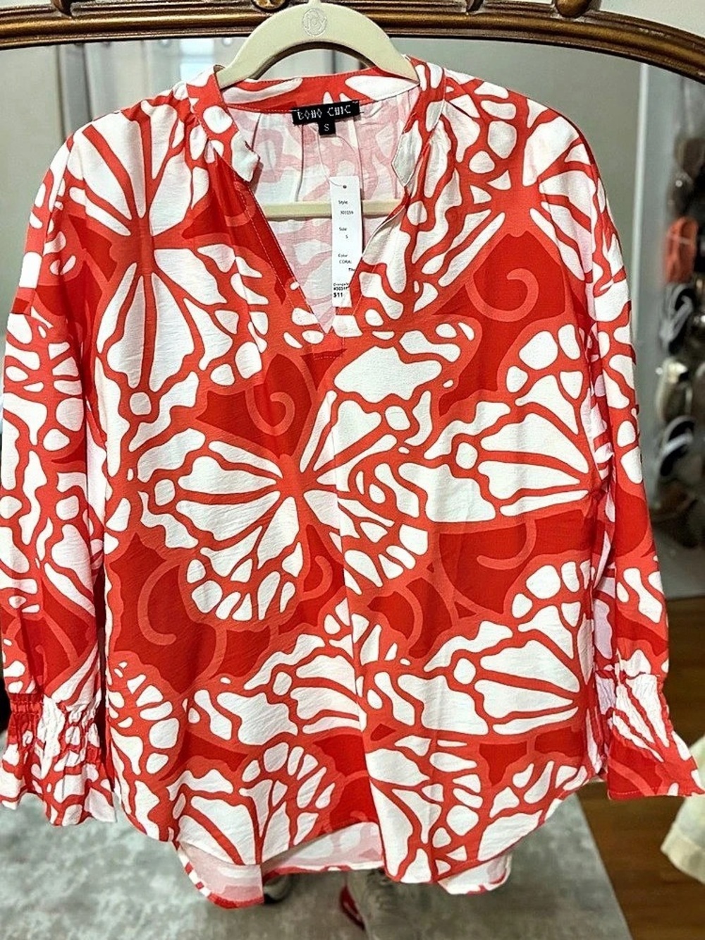 Boho Chic Abstract Print Blouse in Red & White Size Small NWT